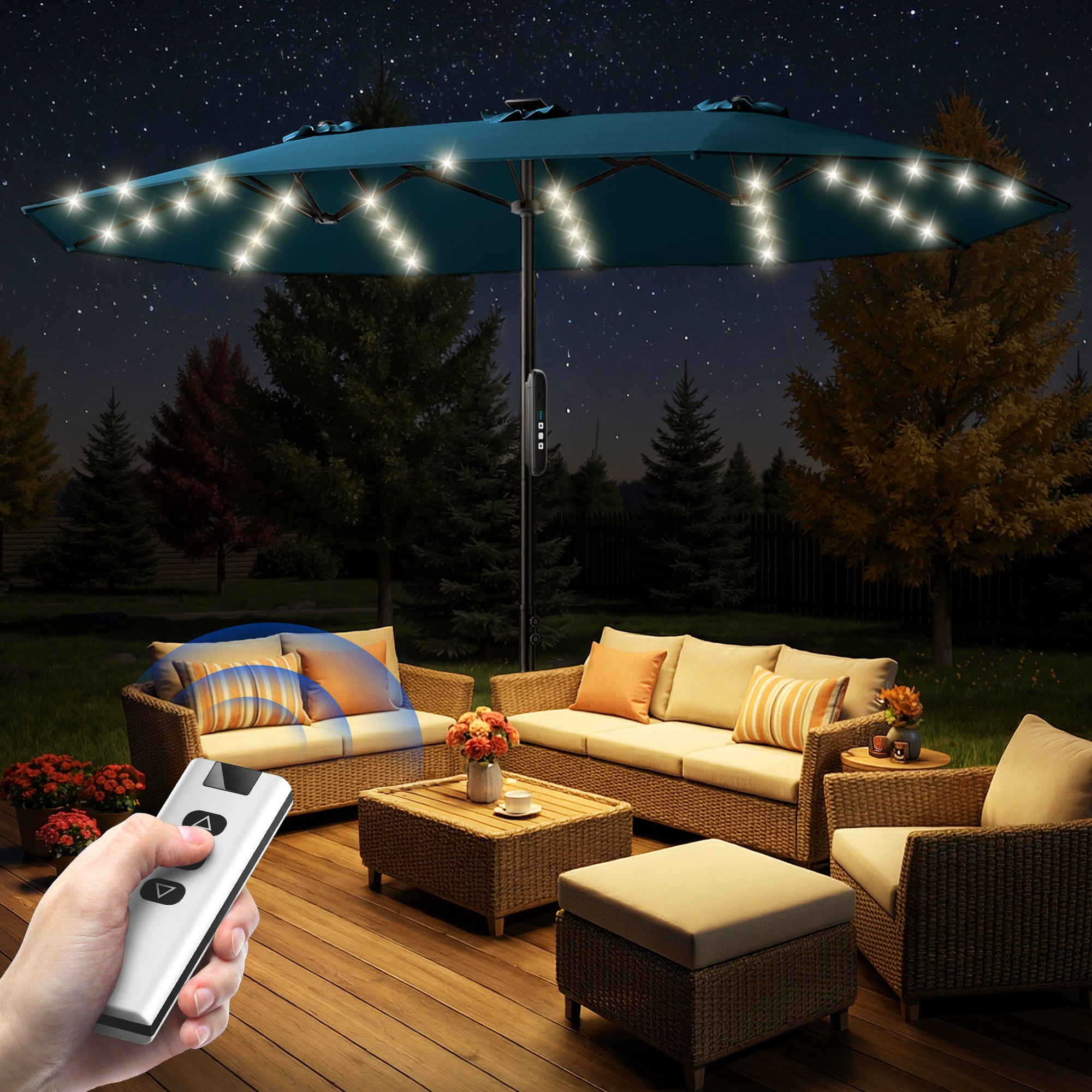 electric patio umbrella 9ft Motorized Remote Market Umbrella, Blue pole style and compatibility with standard bases make it the perfect allen + roth 9-ft Aluminum