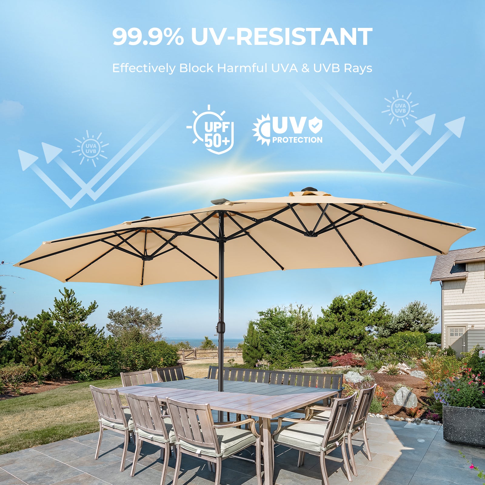 TASKBAY 15ft Patio Umbrella with Solar Lights, Double Sided Outdoor Umbrella with Crank Handle