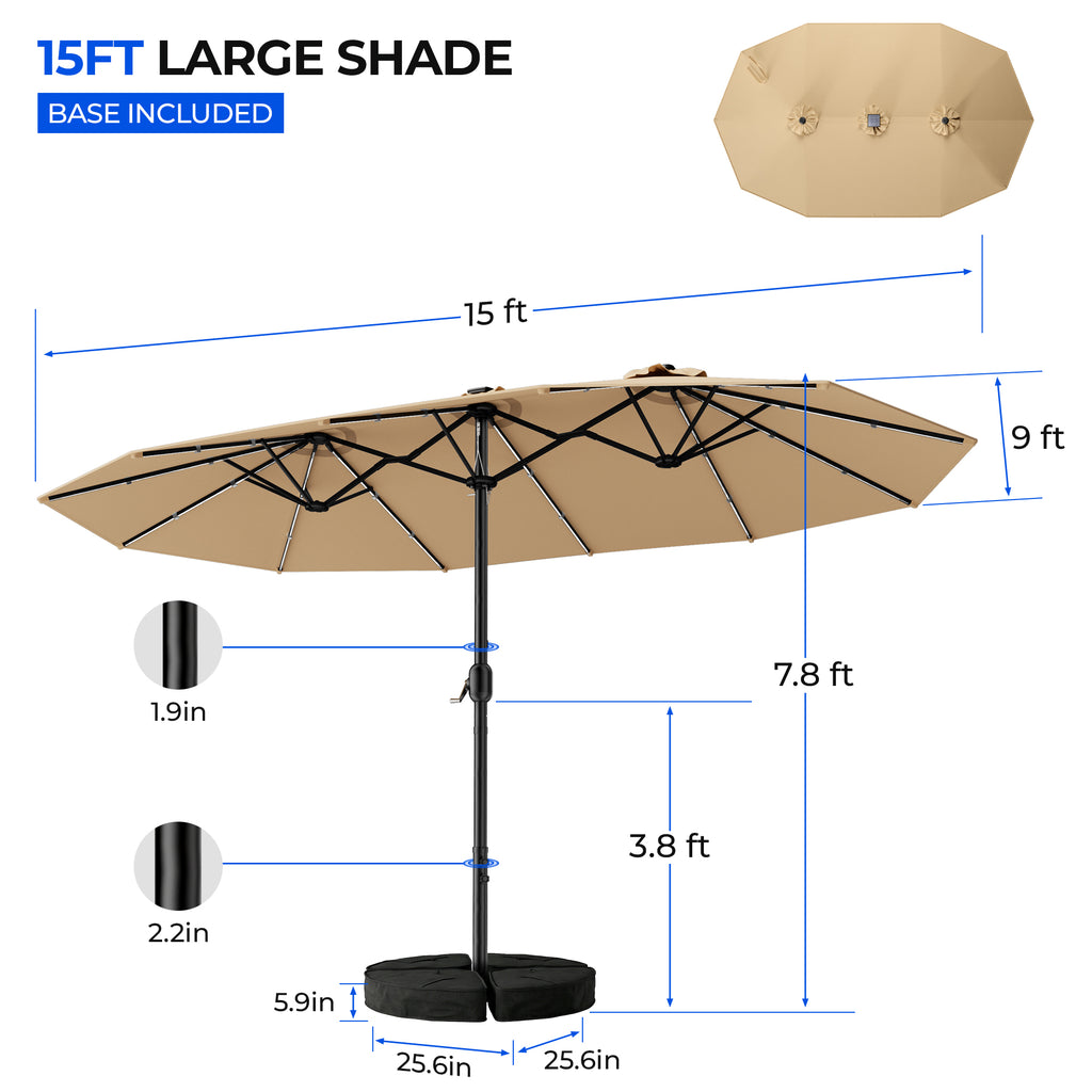 TASKBAY Patio Umbrella 48 LED Colorful Lights, 15ft Double Sided Patio Umbrella with Crank Handle with Base