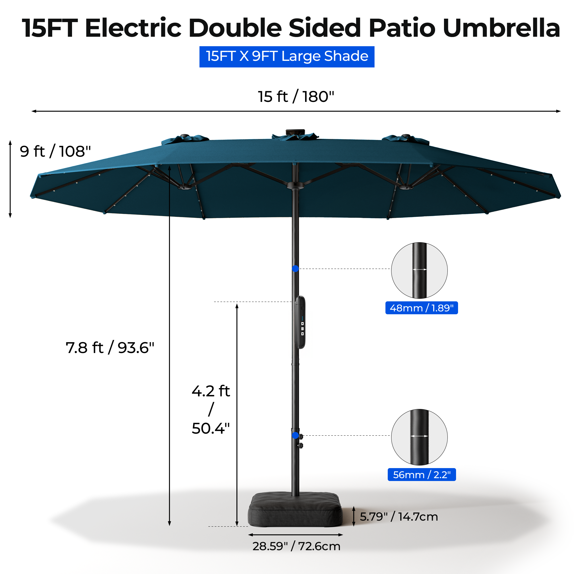TASKBAY 15ft Smart Electric Patio Umbrella, Outdoor Umbrella with Light and Base