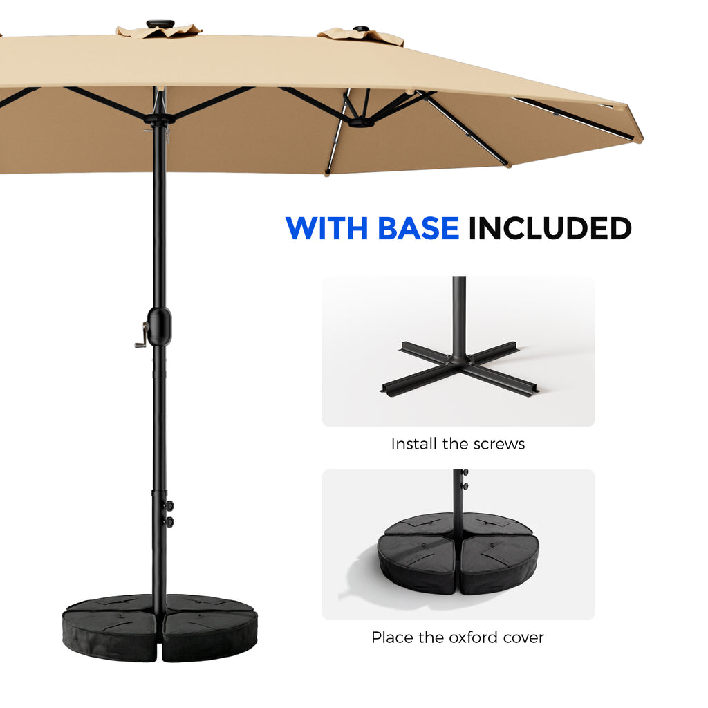 TASKBAY Patio Umbrella 48 LED Colorful Lights, 15ft Double Sided Patio Umbrella with Crank Handle with Base
