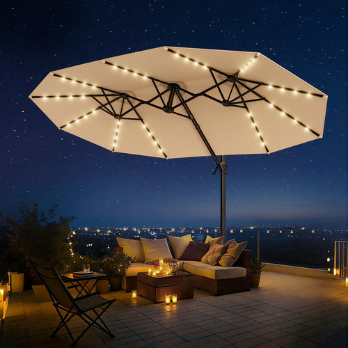 15FT Cantilever Patio Umbrella with LED Lights with Base