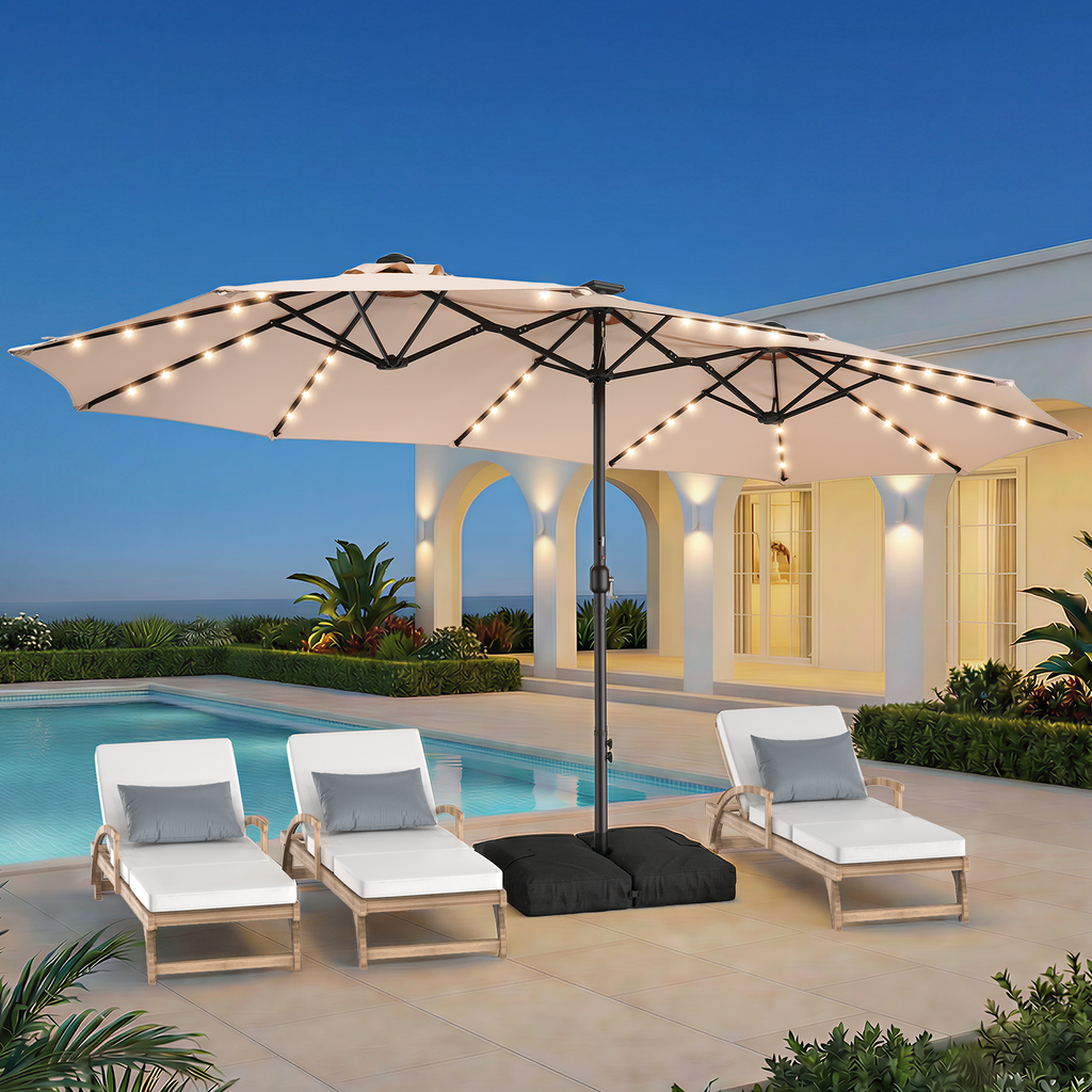 TASKBAY 15ft Patio Umbrella with Solar Lights, Double Sided Outdoor Umbrella with Crank Handle