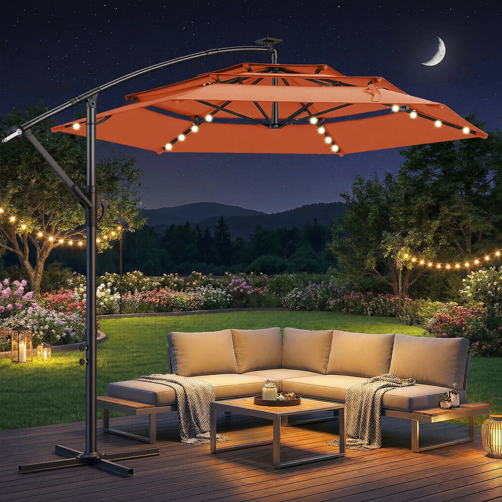 TASKBAY 10ft 3-Tiered Cantilever Patio Umbrella Solar LED Lighted (Base not included)
