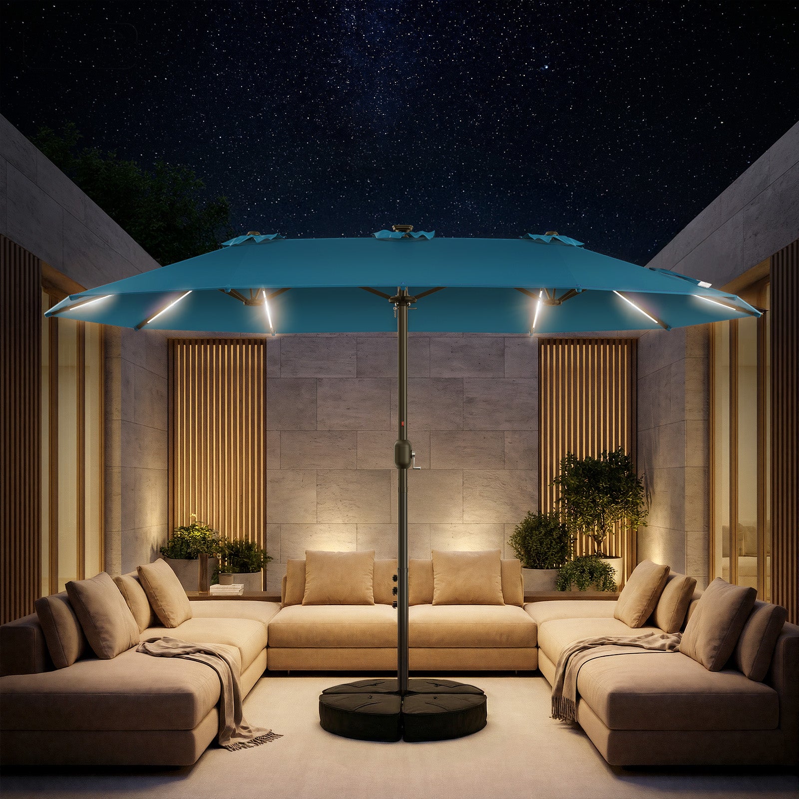 TASKBAY 15FT Double Sided Rectangular Patio Umbrella with LED Light Bars and Base
