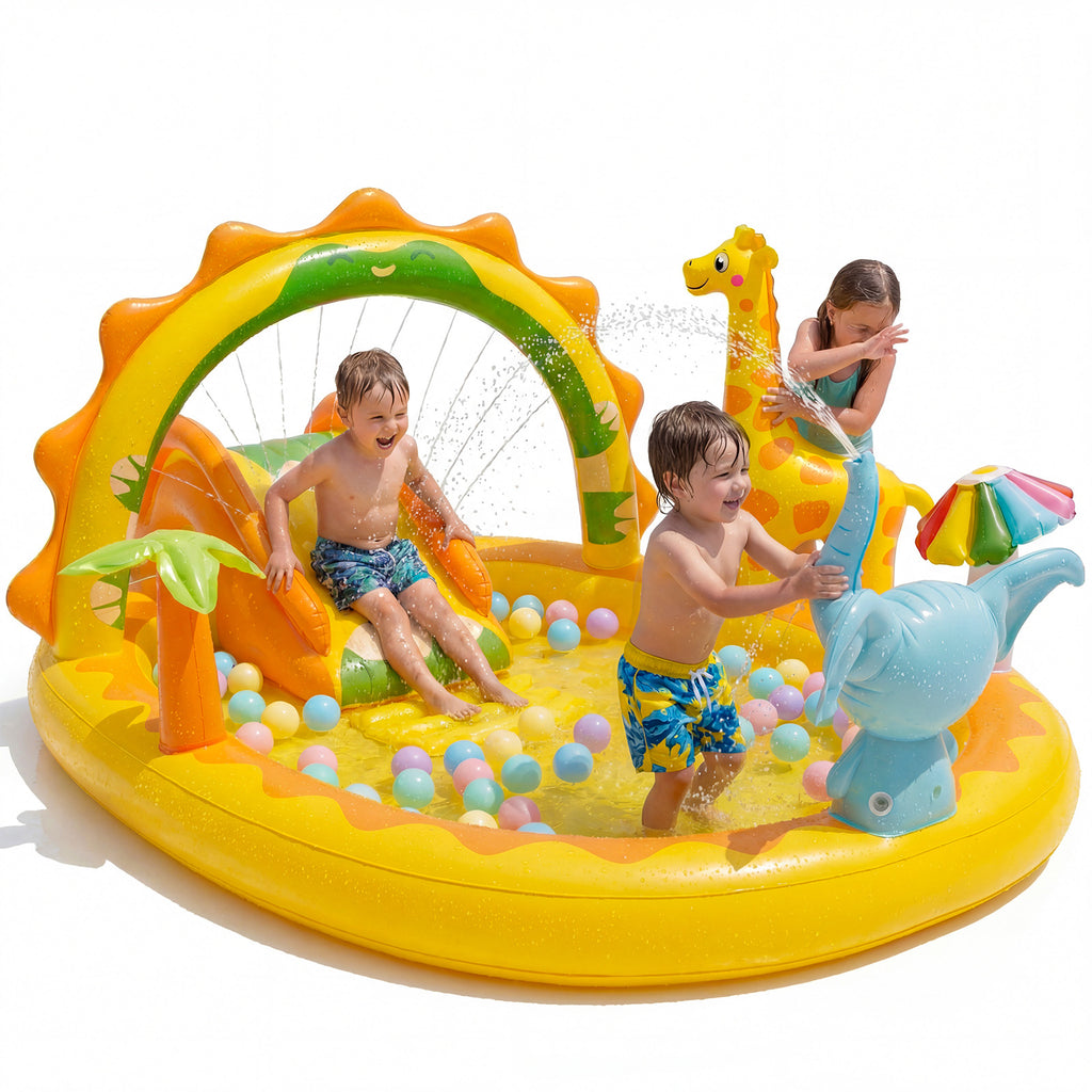 TASKBAY Inflatable Kiddie Pool Giraffe Play Center with Slide and Elephant Sprinkler