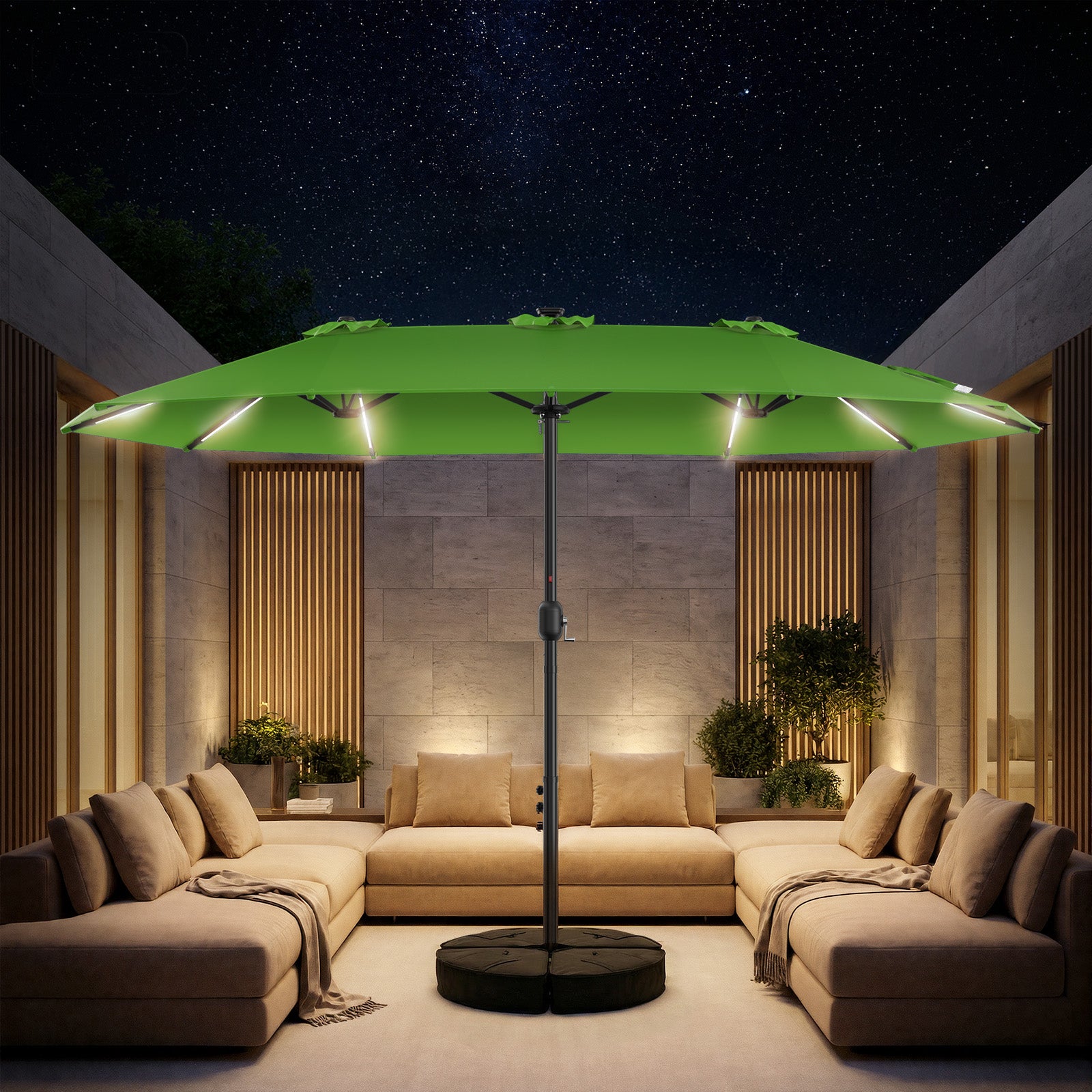 TASKBAY 15FT Double Sided Rectangular Patio Umbrella with LED Light Bars and Base