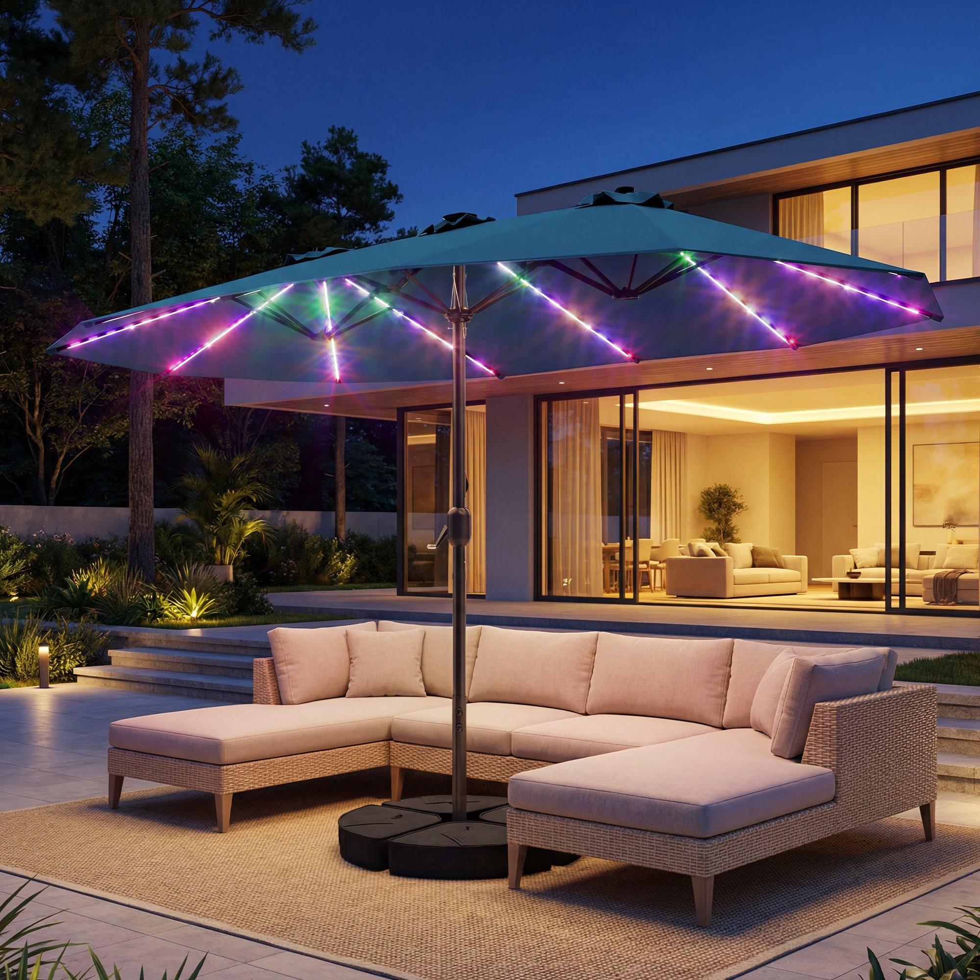 TASKBAY Patio Umbrella 48 LED Colorful Lights, 15ft Double Sided Patio Umbrella with Crank Handle with Base