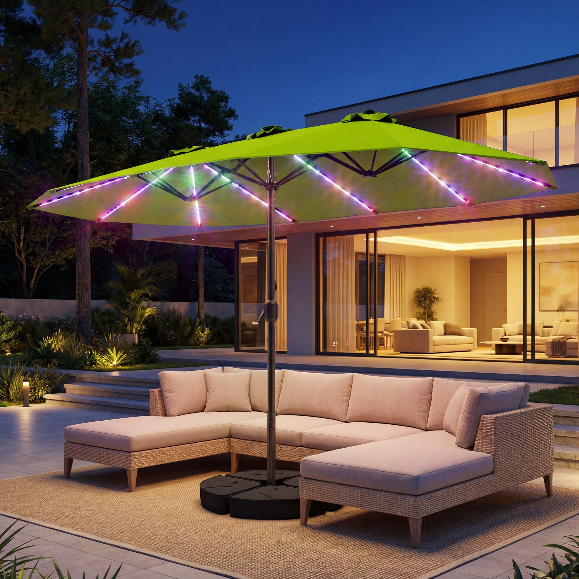 TASKBAY Patio Umbrella 48 LED Colorful Lights, 15ft Double Sided Patio Umbrella with Crank Handle with Base