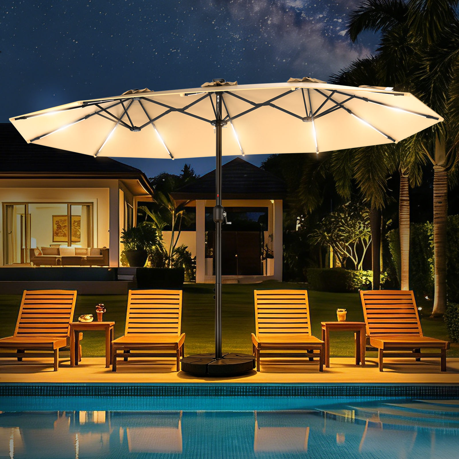 TASKBAY 15FT Double Sided Rectangular Patio Umbrella with LED Light Bars and Base