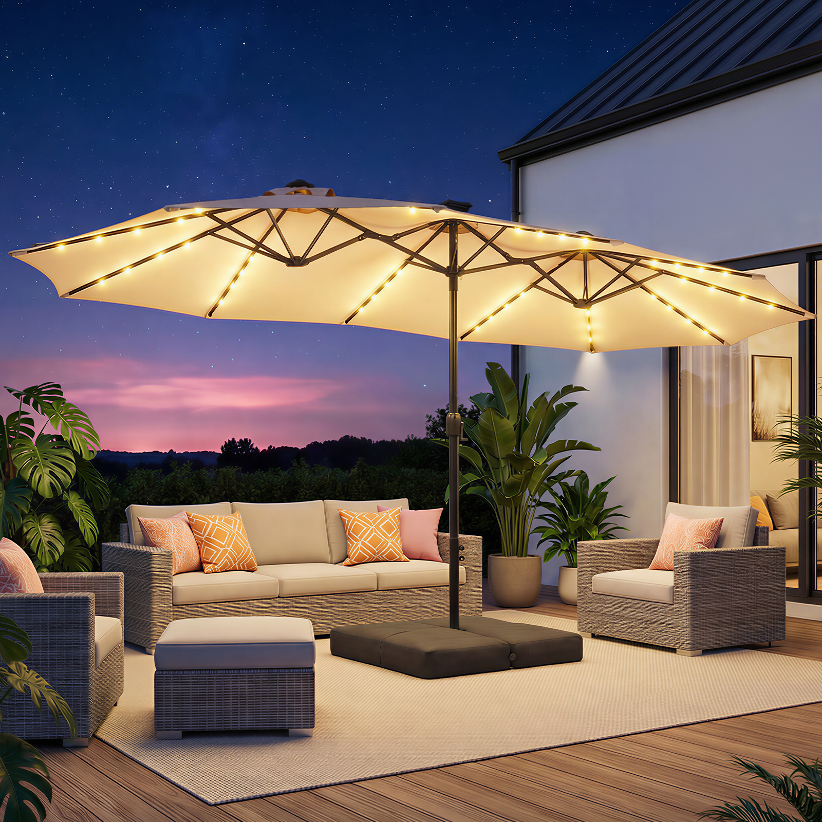 TASKBAY 15ft Patio Umbrella with Solar Lights, Double Sided Outdoor Umbrella with Crank Handle