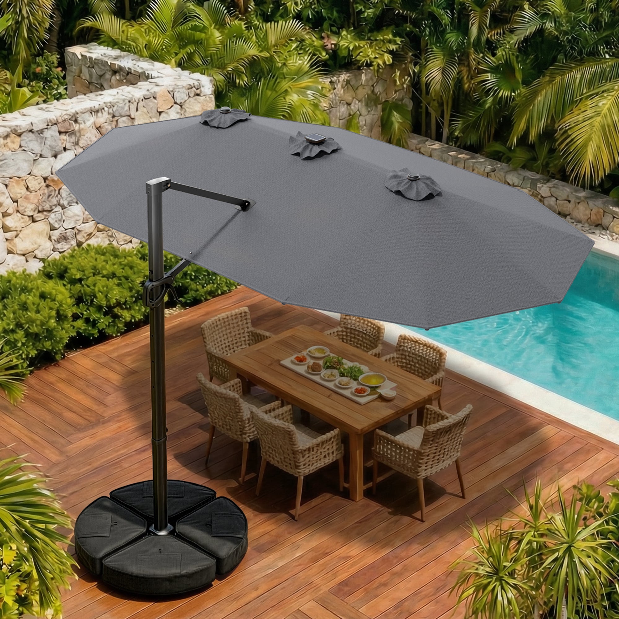 15FT Cantilever Patio Umbrella with LED Lights with Base
