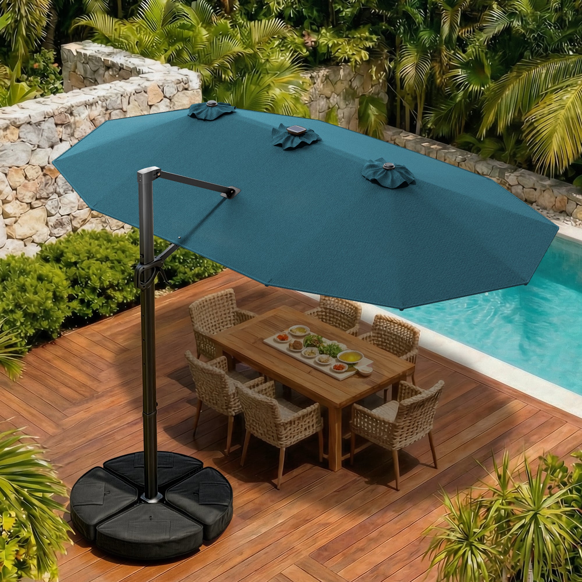 15FT Cantilever Patio Umbrella with LED Lights with Base