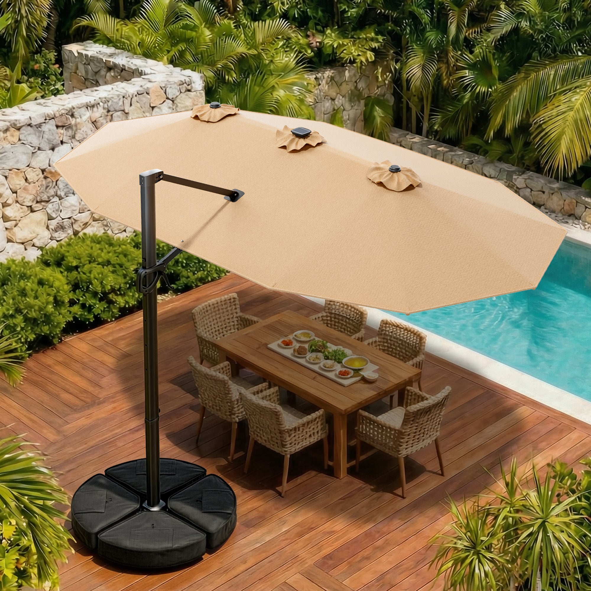 15FT Cantilever Patio Umbrella with LED Lights with Base