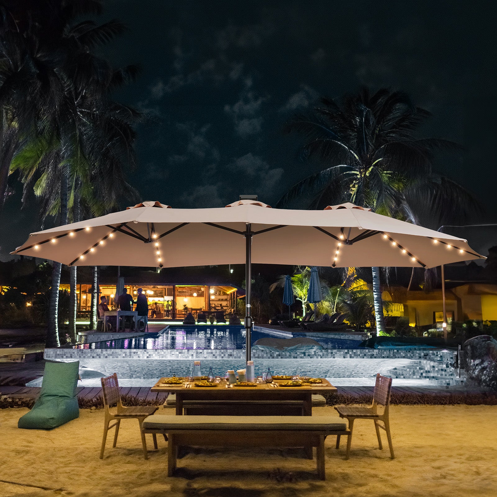 TASKBAY 15ft Patio Umbrella with Solar Lights, Double Sided Outdoor Umbrella with Crank Handle
