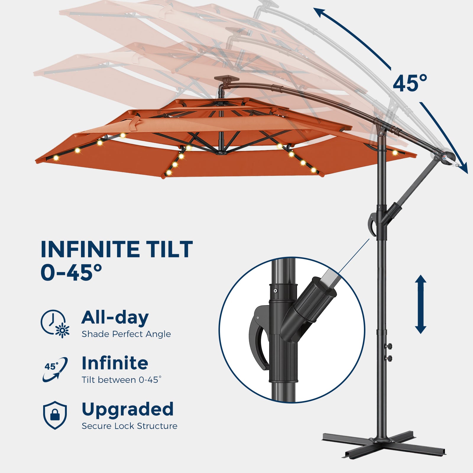 TASKBAY 10ft 3-Tiered Cantilever Patio Umbrella Solar LED Lighted (Base not included)
