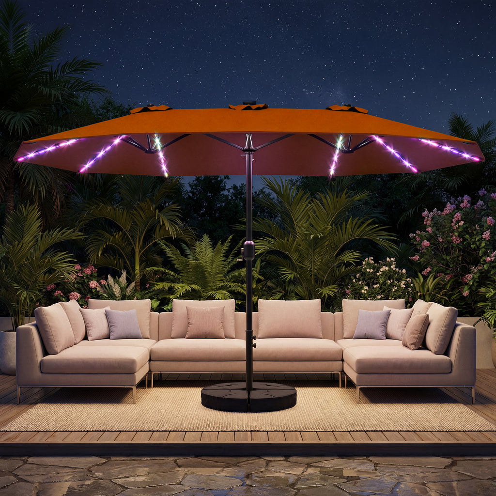 TASKBAY Patio Umbrella 48 LED Colorful Lights, 15ft Double Sided Patio Umbrella with Crank Handle with Base