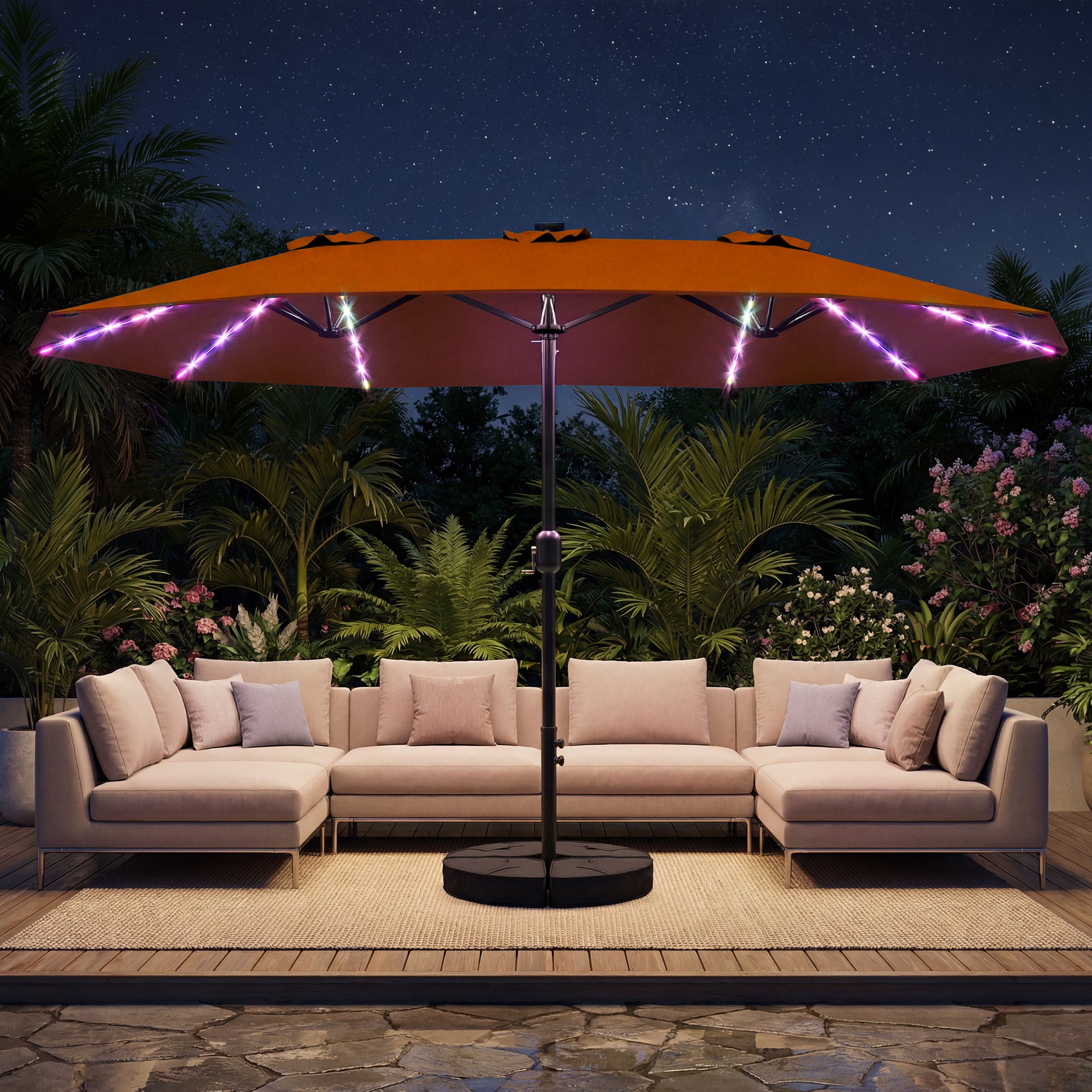 TASKBAY Patio Umbrella 48 LED Colorful Lights, 15ft Double Sided Patio Umbrella with Crank Handle with Base