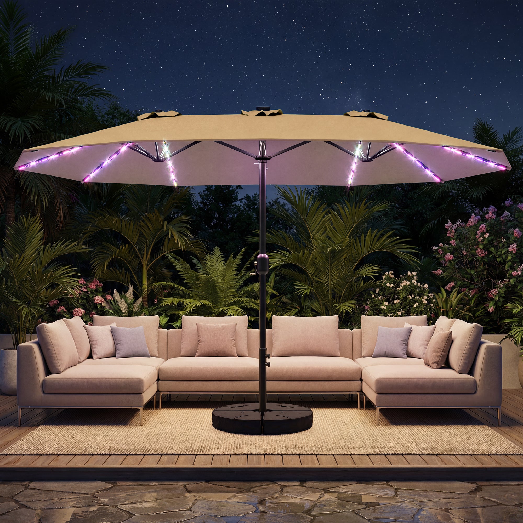TASKBAY Patio Umbrella 48 LED Colorful Lights, 15ft Double Sided Patio Umbrella with Crank Handle with Base