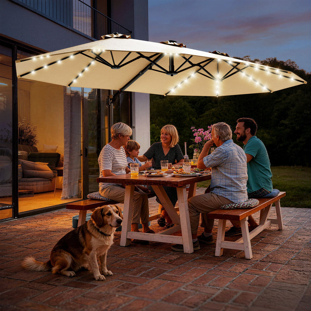 15FT Cantilever Patio Umbrella with LED Lights with Base