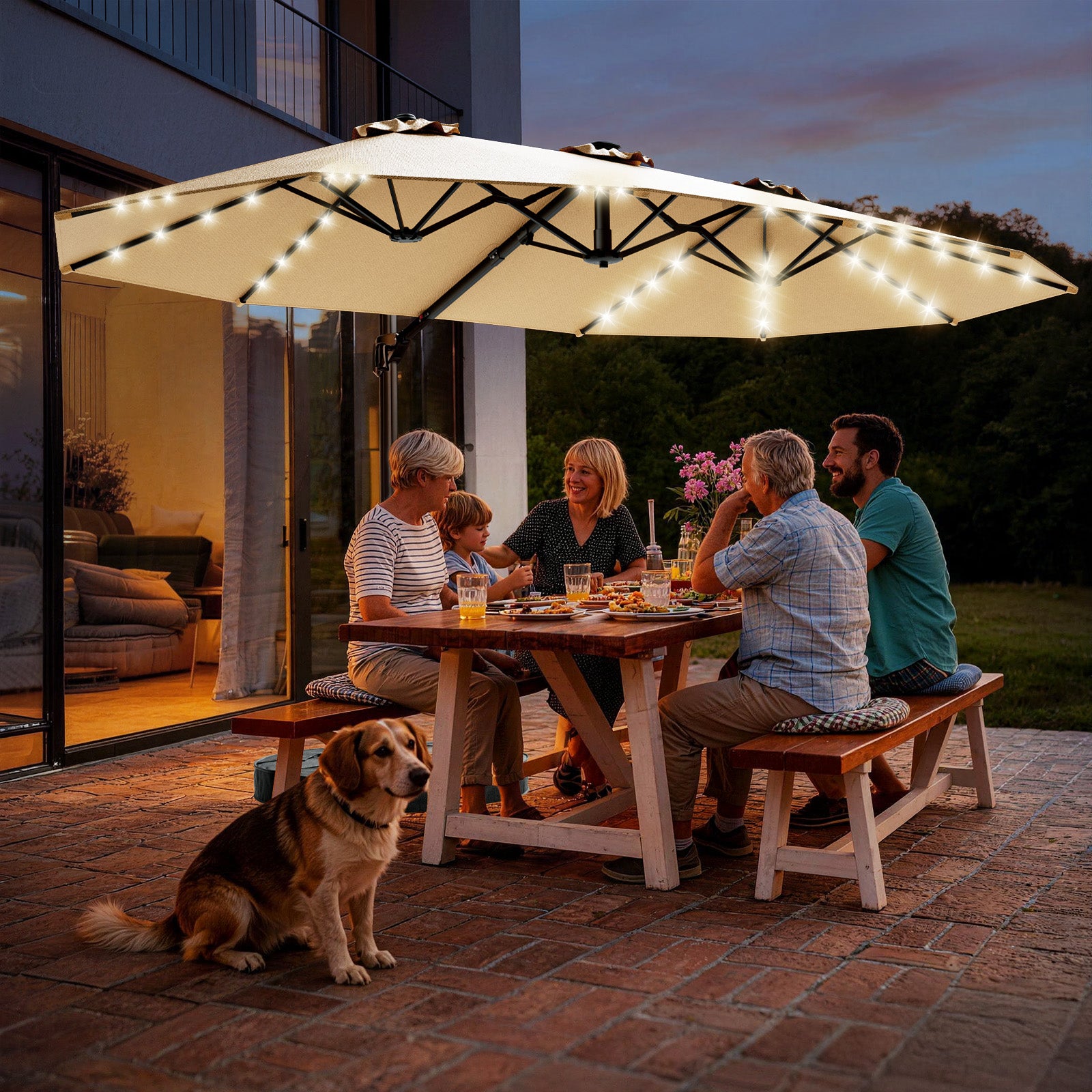 15FT Cantilever Patio Umbrella with LED Lights with Base