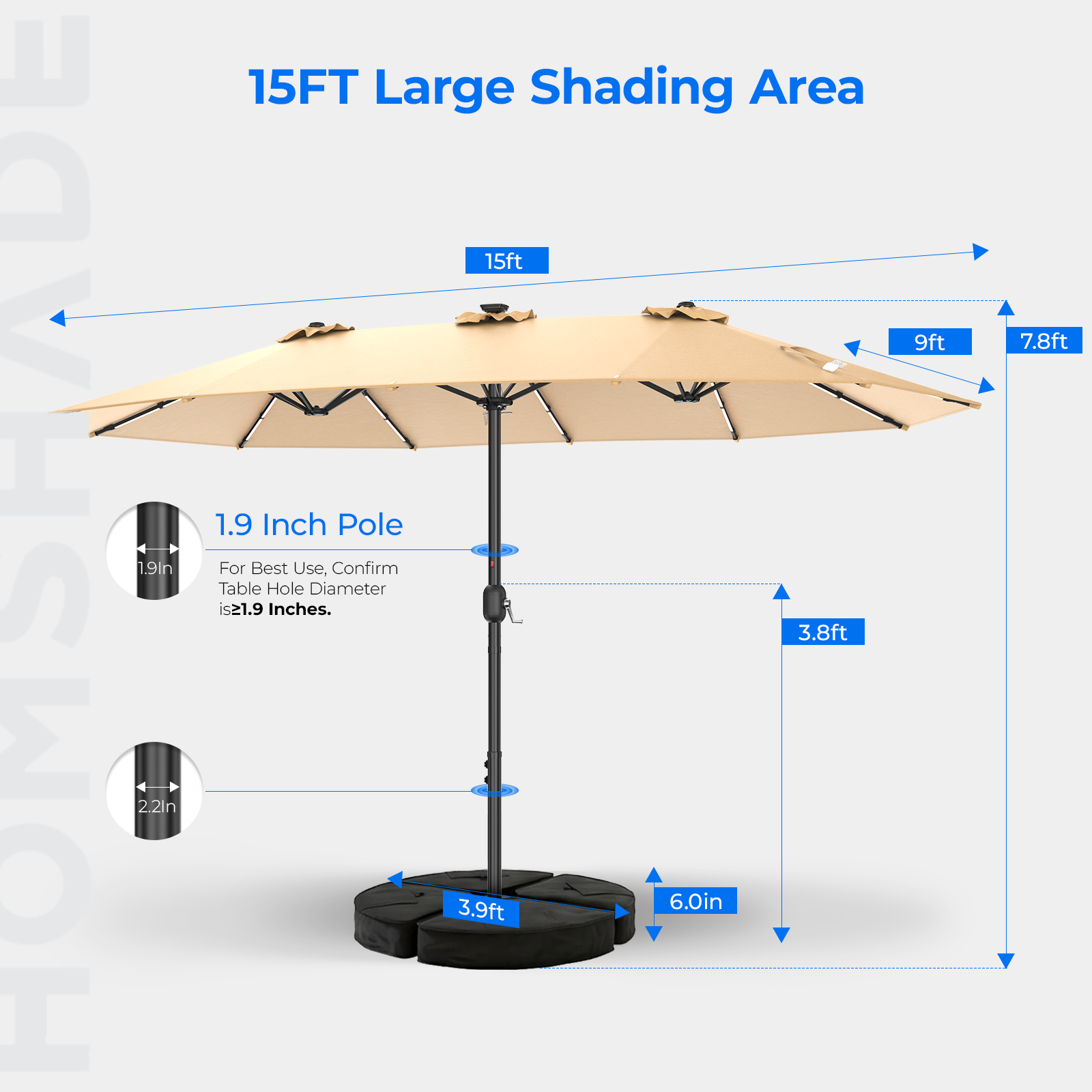 TASKBAY 15FT Double Sided Rectangular Patio Umbrella with LED Light Bars and Base