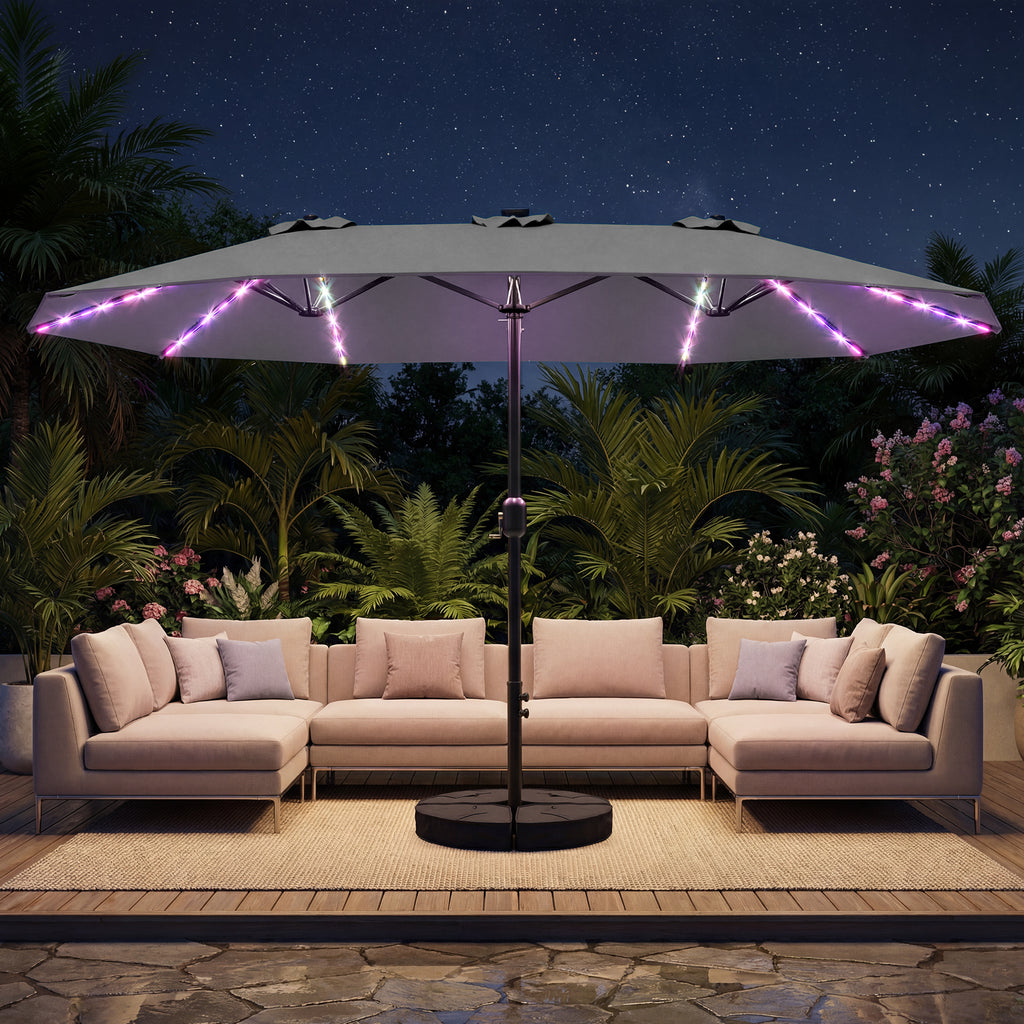 TASKBAY Patio Umbrella 48 LED Colorful Lights, 15ft Double Sided Patio Umbrella with Crank Handle with Base