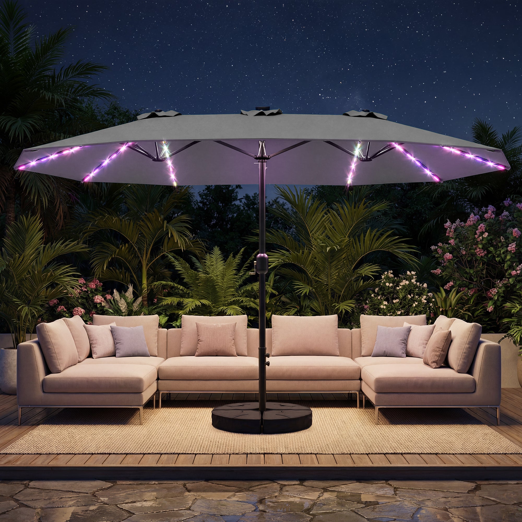 TASKBAY Patio Umbrella 48 LED Colorful Lights, 15ft Double Sided Patio Umbrella with Crank Handle with Base