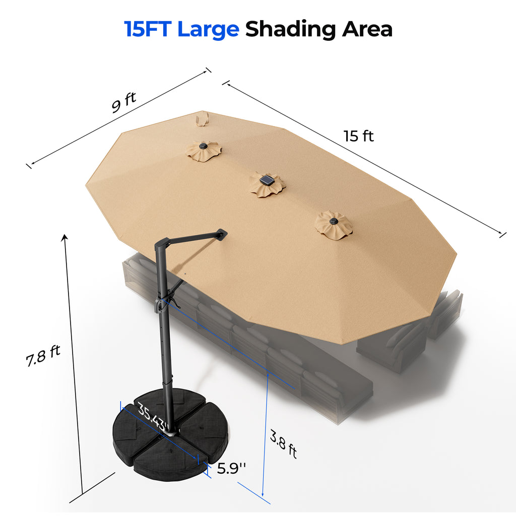15FT Cantilever Patio Umbrella with LED Lights with Base