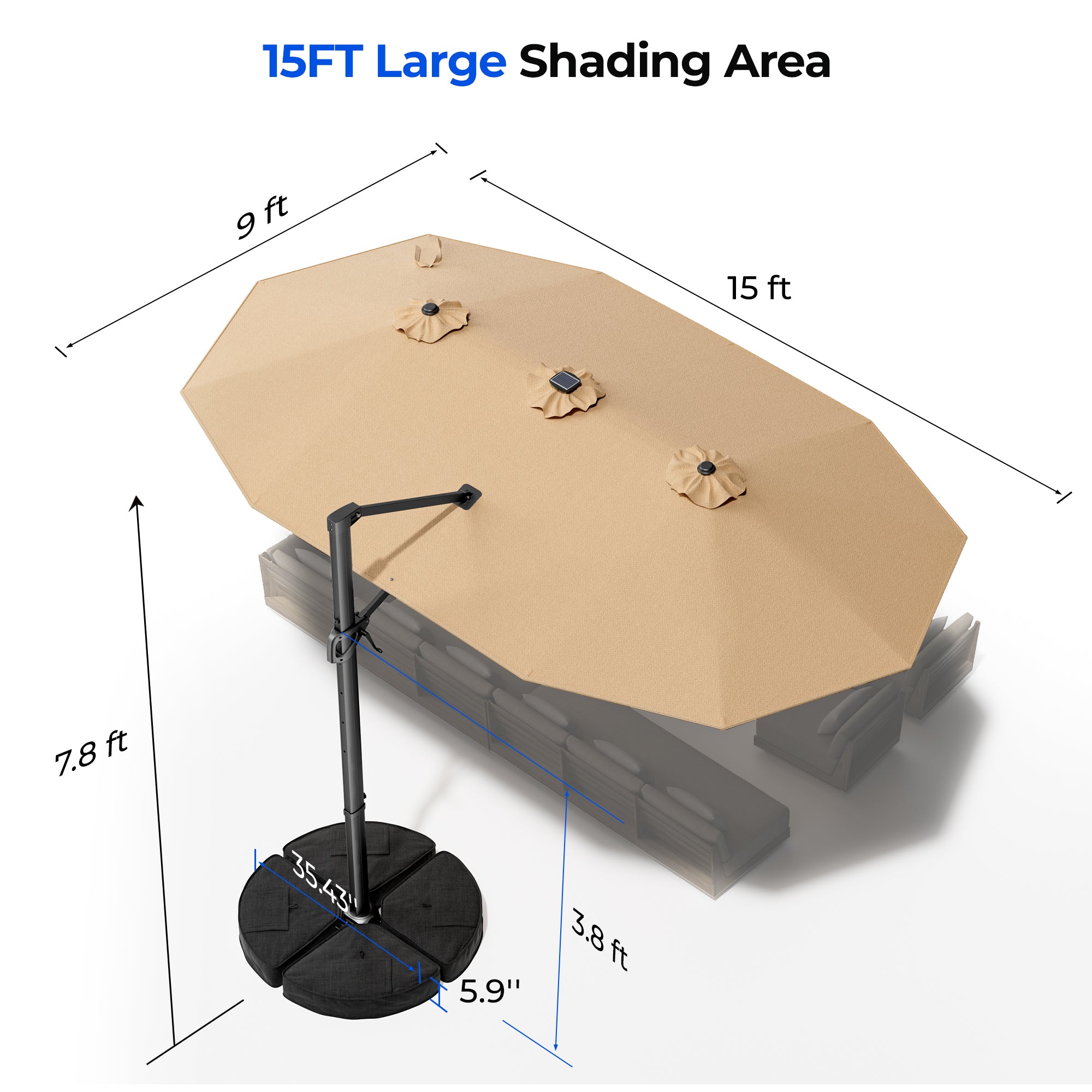 15FT Cantilever Patio Umbrella with LED Lights with Base