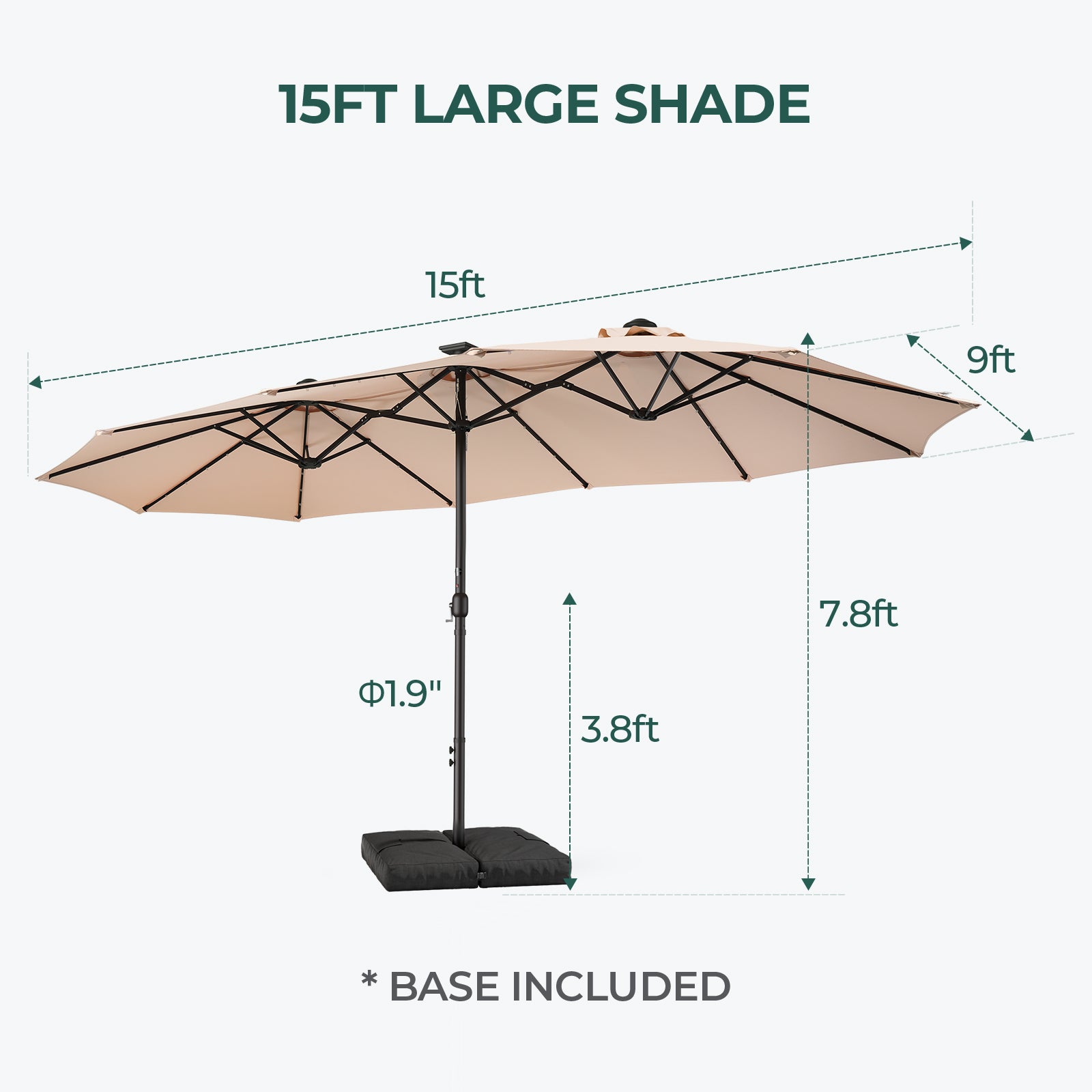 TASKBAY 15ft Patio Umbrella with Solar Lights, Double Sided Outdoor Umbrella with Crank Handle