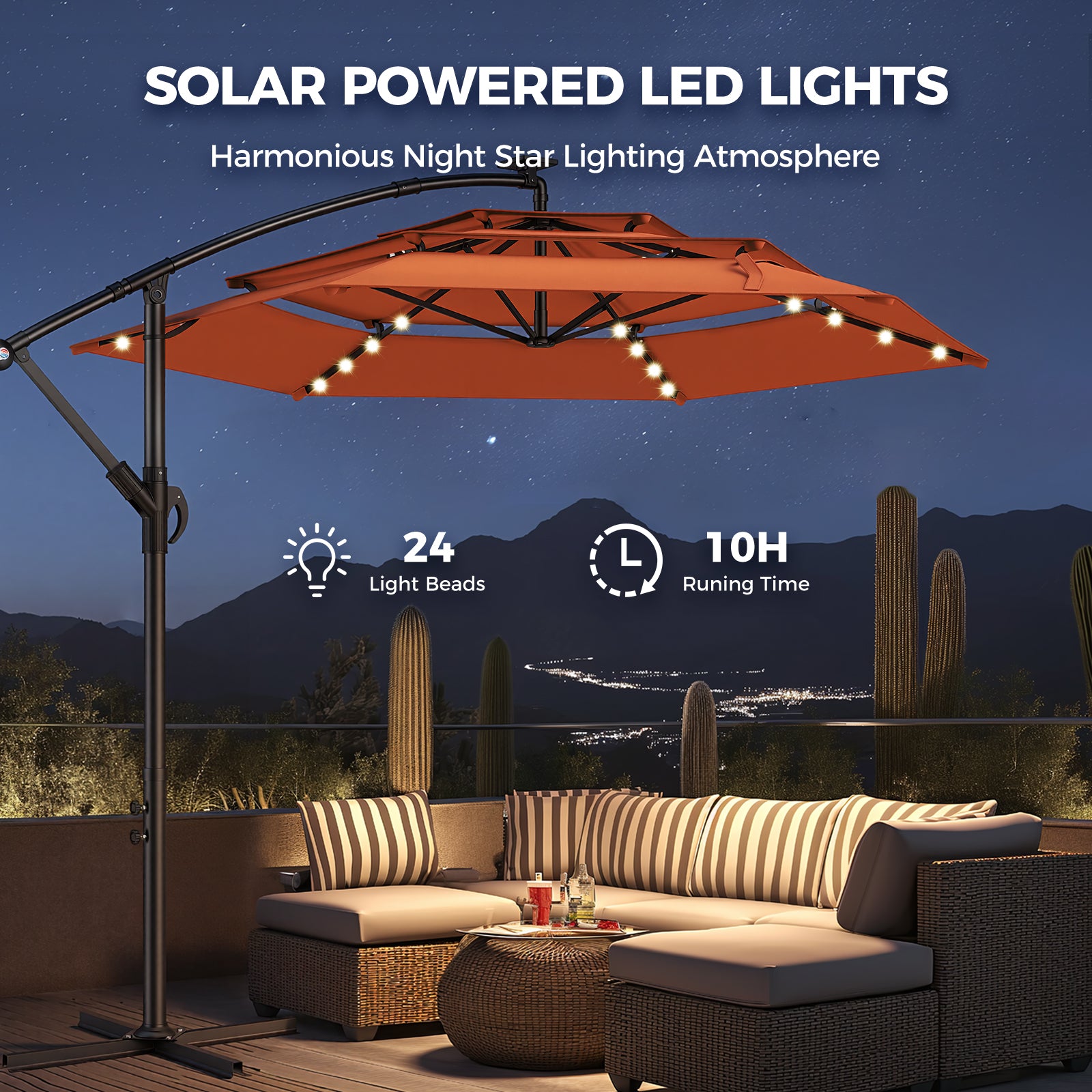 TASKBAY 10ft 3-Tiered Cantilever Patio Umbrella Solar LED Lighted (Base not included)