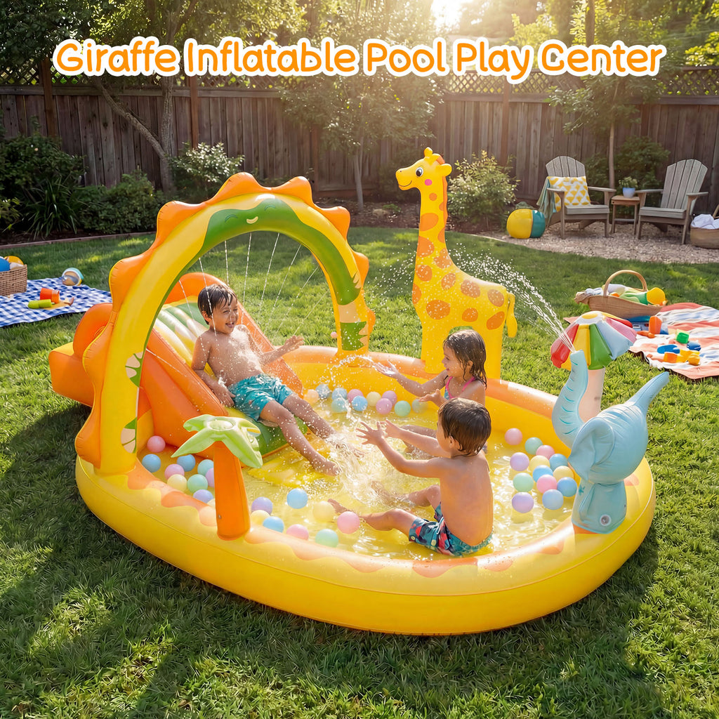 TASKBAY Inflatable Kiddie Pool Giraffe Play Center with Slide and Elephant Sprinkler