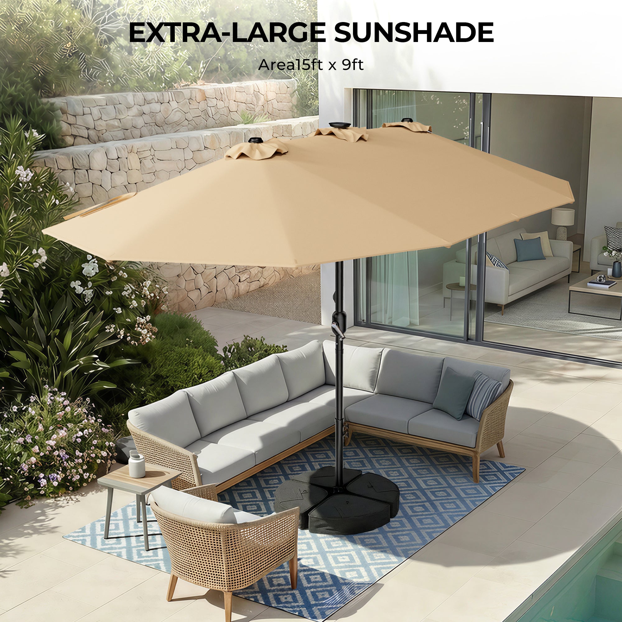 TASKBAY Patio Umbrella 48 LED Colorful Lights, 15ft Double Sided Patio Umbrella with Crank Handle with Base