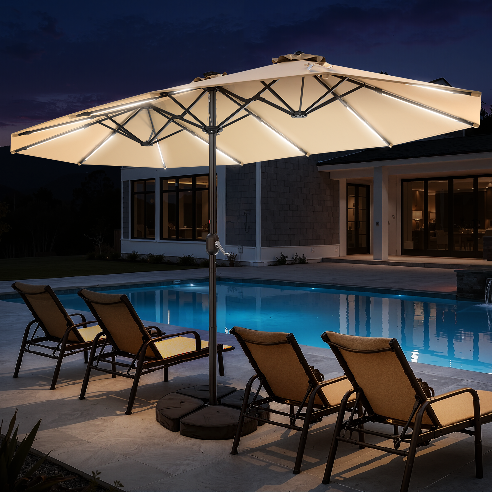TASKBAY 15FT Double Sided Rectangular Patio Umbrella with LED Light Bars and Base