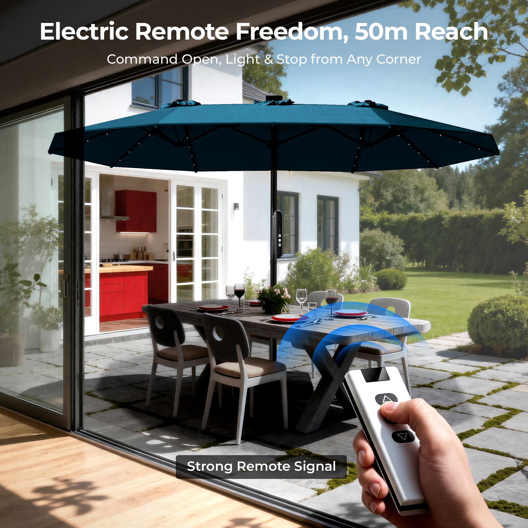 TASKBAY 15ft Smart Electric Patio Umbrella, Outdoor Umbrella with Light and Base