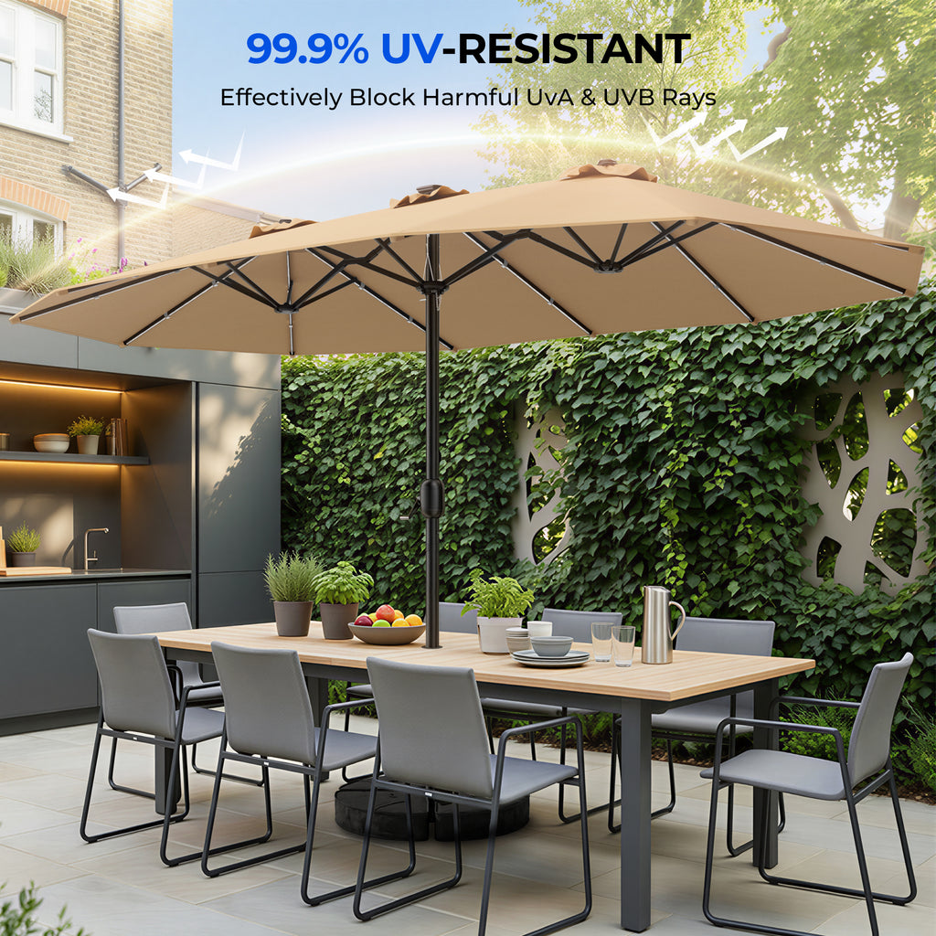 TASKBAY Patio Umbrella 48 LED Colorful Lights, 15ft Double Sided Patio Umbrella with Crank Handle with Base