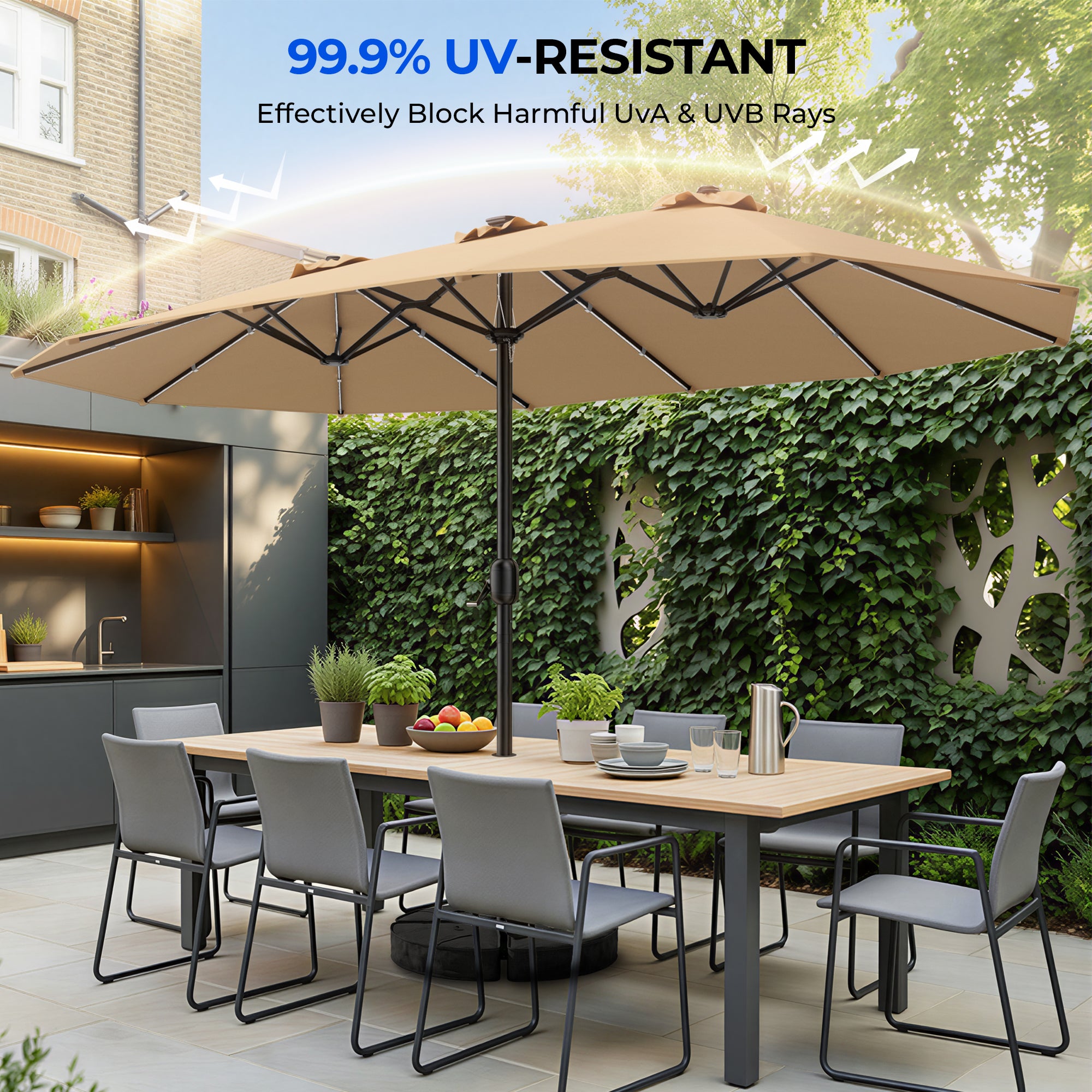 TASKBAY Patio Umbrella 48 LED Colorful Lights, 15ft Double Sided Patio Umbrella with Crank Handle with Base