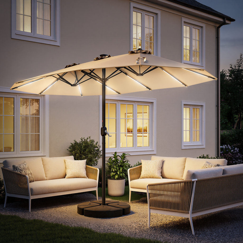 TASKBAY 15FT Double Sided Rectangular Patio Umbrella with LED Light Bars and Base