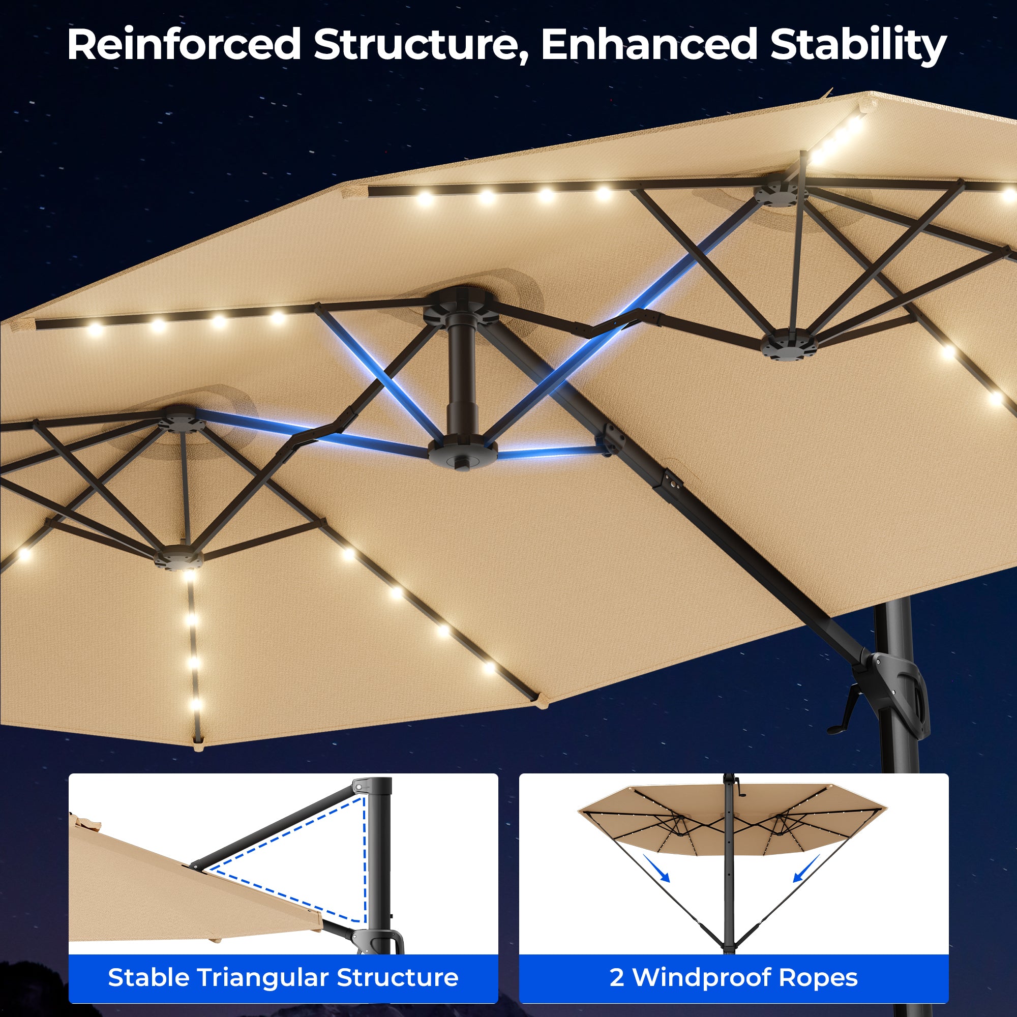 15FT Cantilever Patio Umbrella with LED Lights with Base