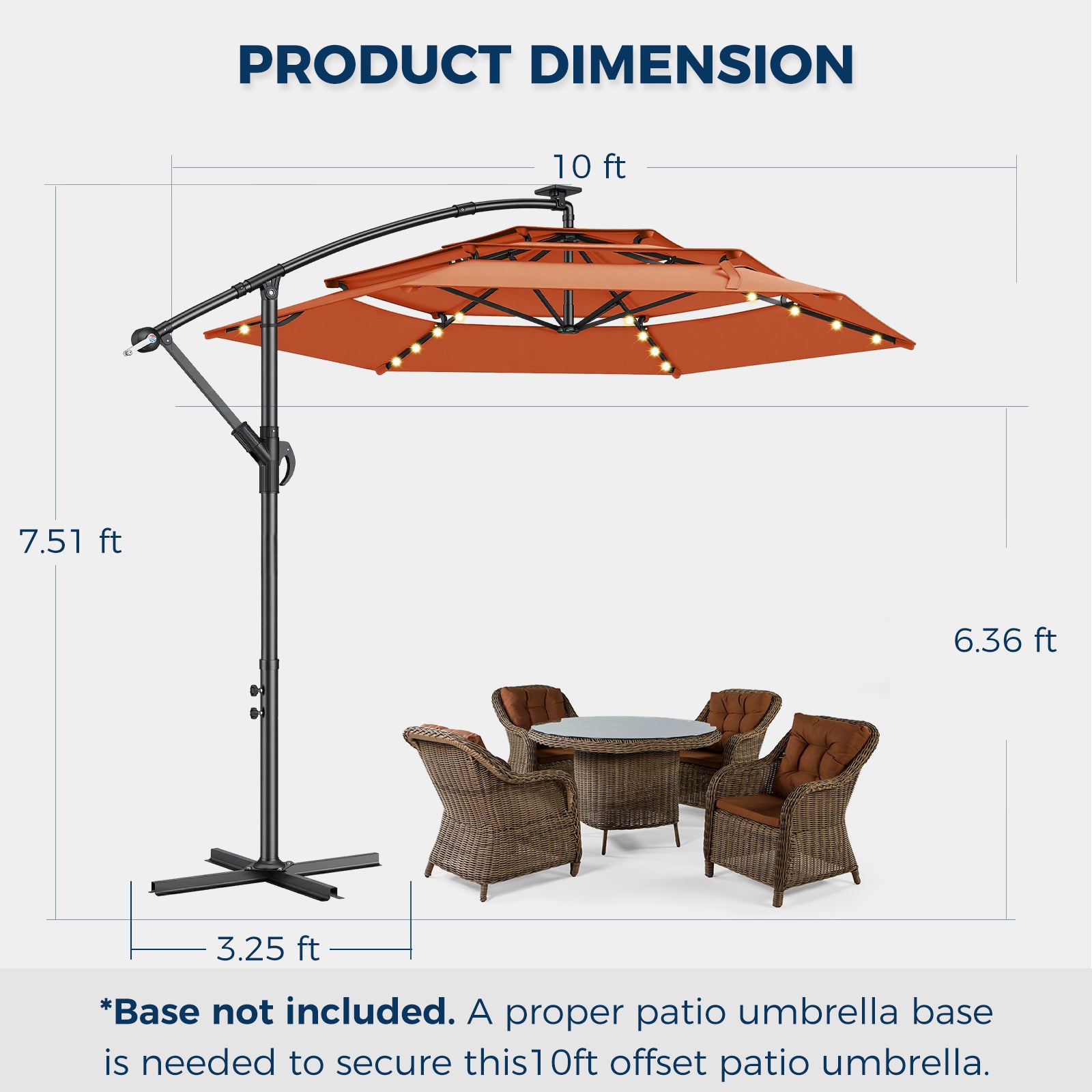 TASKBAY 10ft 3-Tiered Cantilever Patio Umbrella Solar LED Lighted (Base not included)