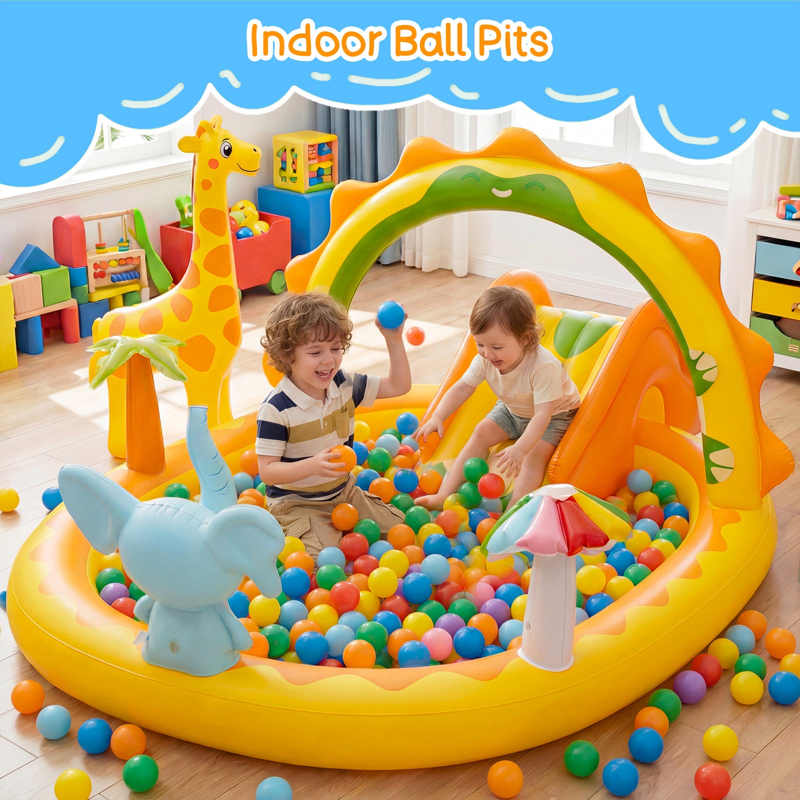 TASKBAY Inflatable Kiddie Pool Giraffe Play Center with Slide and Elephant Sprinkler