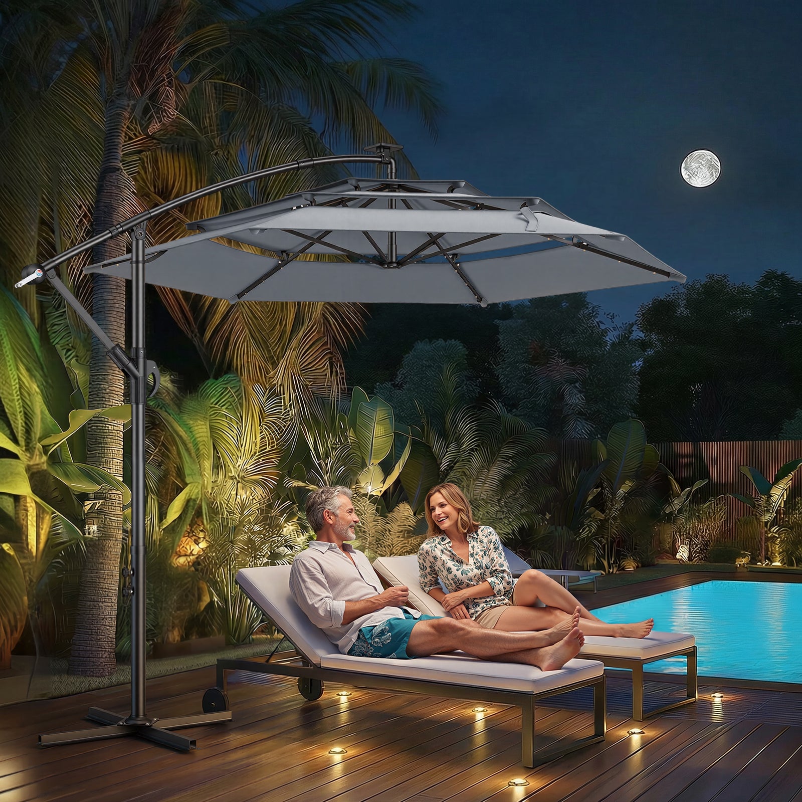 TASKBAY 10ft 3-Tiered Cantilever Patio Umbrella Solar LED Lighted (Base not included)