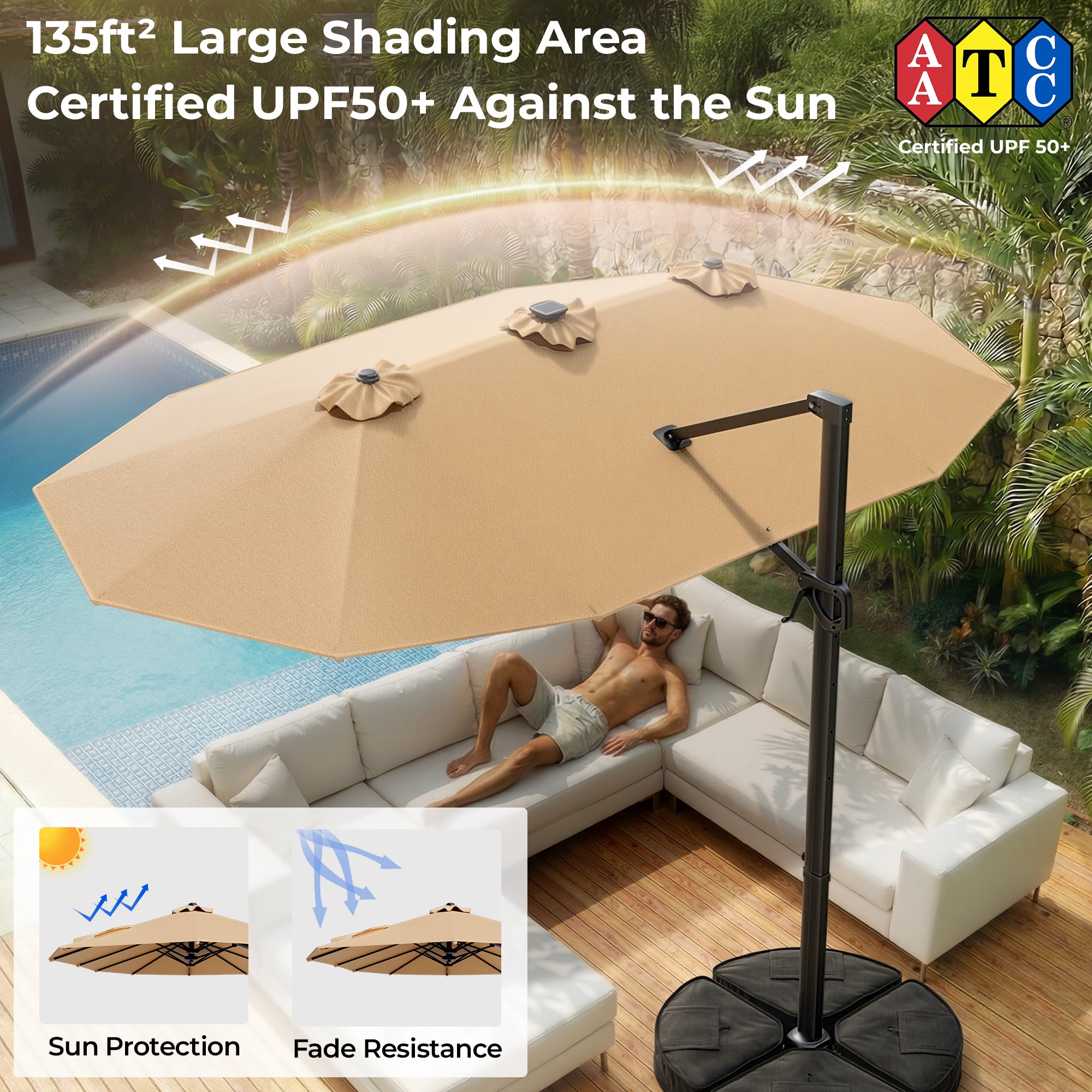 15FT Cantilever Patio Umbrella with LED Lights with Base