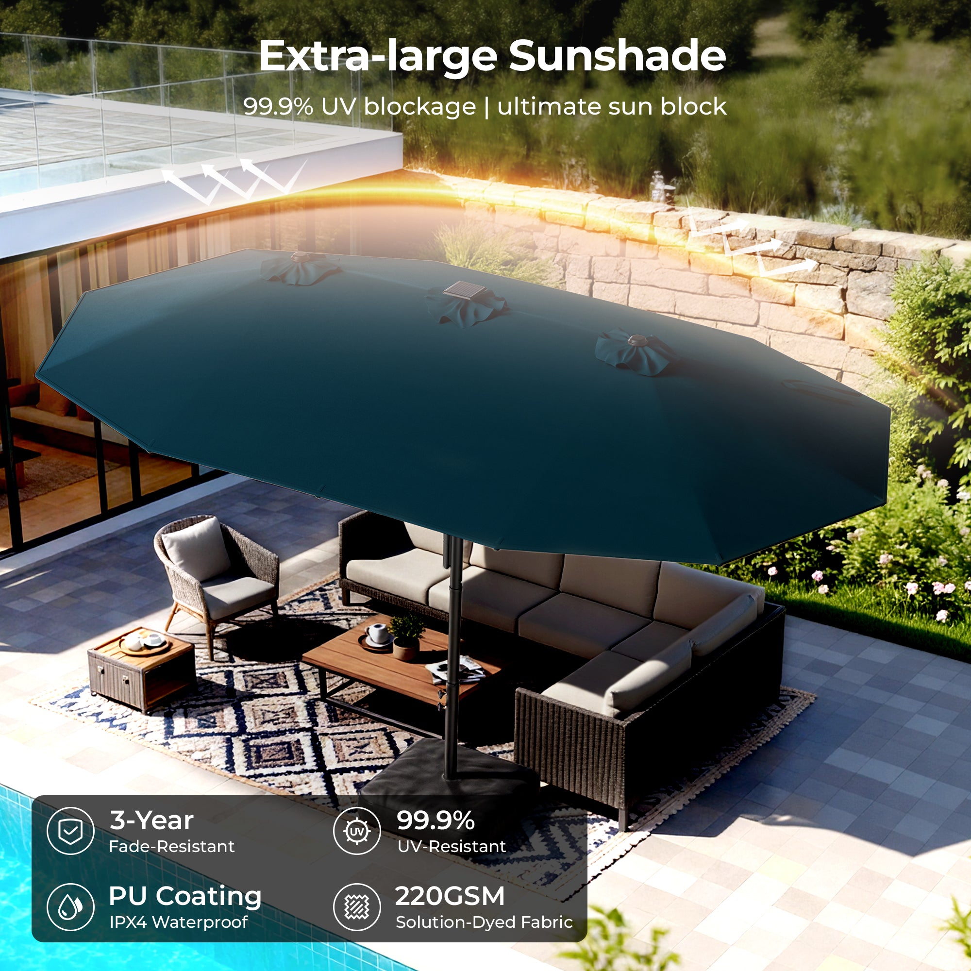 TASKBAY 15ft Smart Electric Patio Umbrella, Outdoor Umbrella with Light and Base