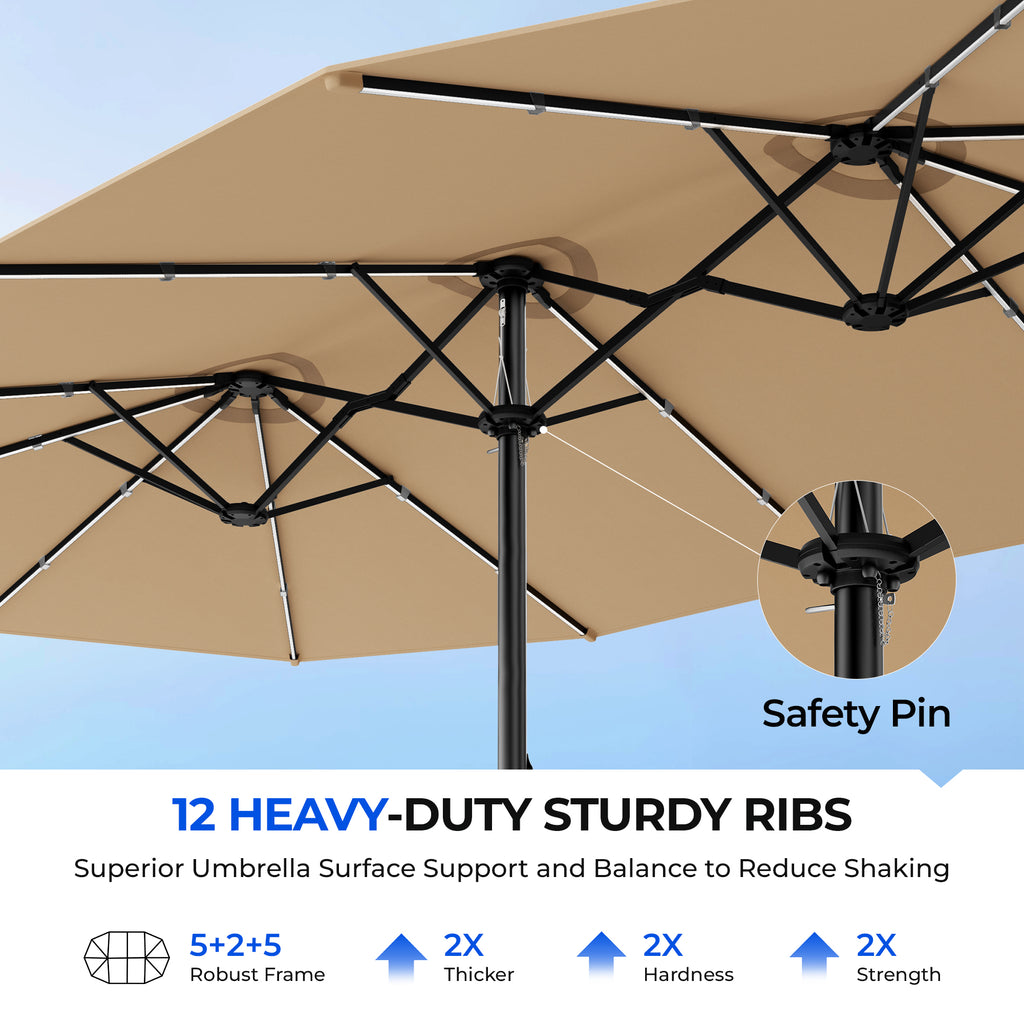 TASKBAY Patio Umbrella 48 LED Colorful Lights, 15ft Double Sided Patio Umbrella with Crank Handle with Base
