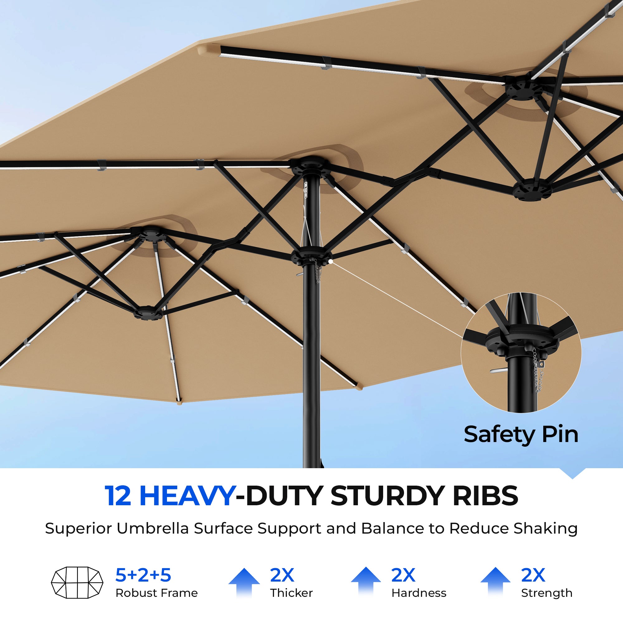 TASKBAY Patio Umbrella 48 LED Colorful Lights, 15ft Double Sided Patio Umbrella with Crank Handle with Base