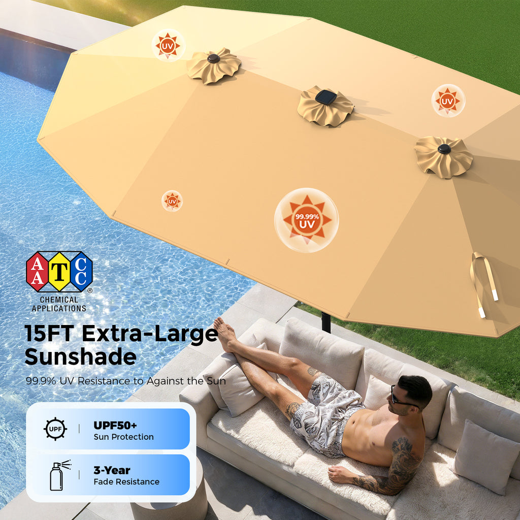 TASKBAY 15FT Double Sided Rectangular Patio Umbrella with LED Light Bars and Base