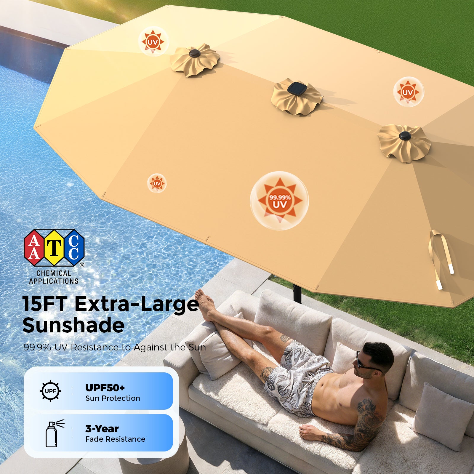 TASKBAY 15FT Double Sided Rectangular Patio Umbrella with LED Light Bars and Base
