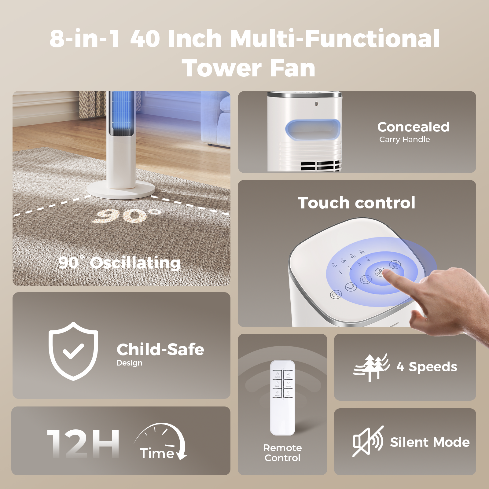 Taskbay 40" Smart Tower Fan with Remote, Standing Floor Fan